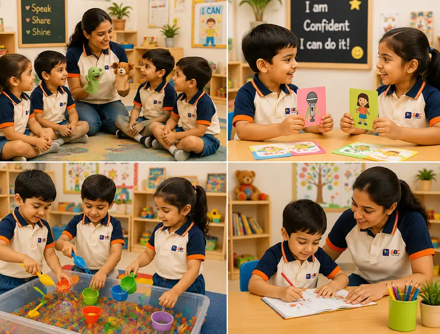 Smiling kindergarten kids engaged in fun activities